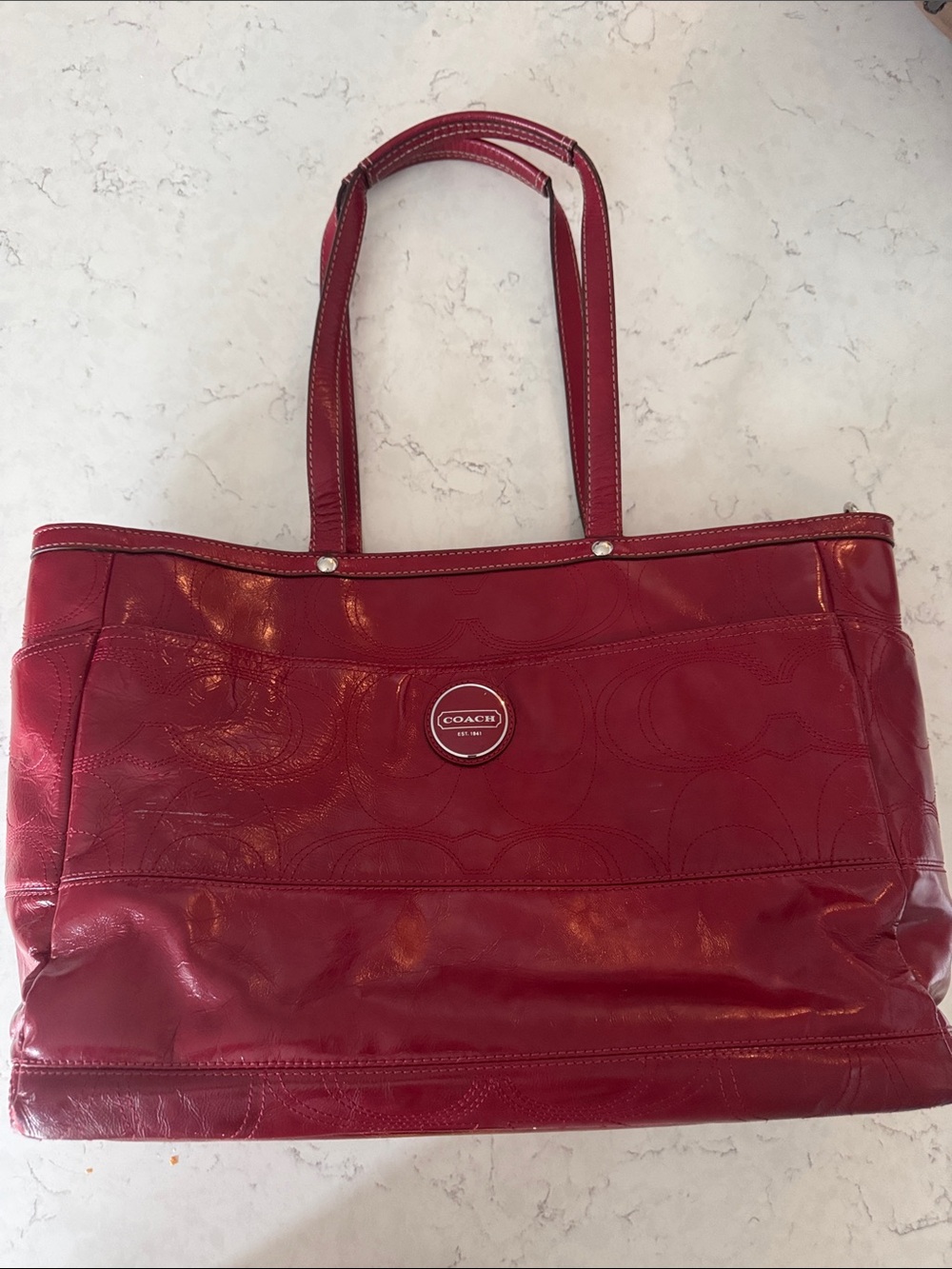 Coach Burgundy Patent Leather Tote with Signature Motif